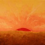 Oil painting of red, orange, and yellow sunrise over brown earth