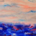 Watercolor painting of watery blue horizon with sky