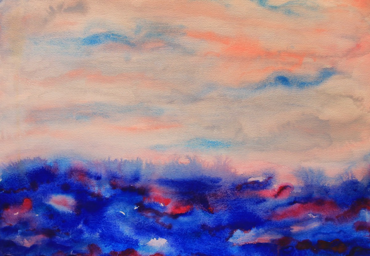 Dark blue, purple, and pink watercolor of a horizon