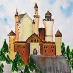 Watercolor painting of a castle with evergreens and blue sky