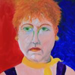 Intense watercolor painting of woman with orange hair and dark purple blouse with yellow scarf