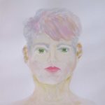 Watercolor portrait of woman with pinkish gray short hair