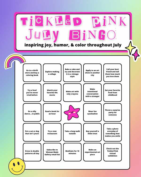 Tickled Pink art show Bingo card with pink star in center and colorful background