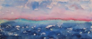 Watercolor painting of lake with sky above