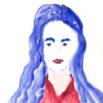 Watercolor painting of woman with blue hair