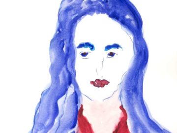 Watercolor painting of woman with blue hair