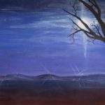 Acrylic painting of full Moon rising in dark blue sky with tree