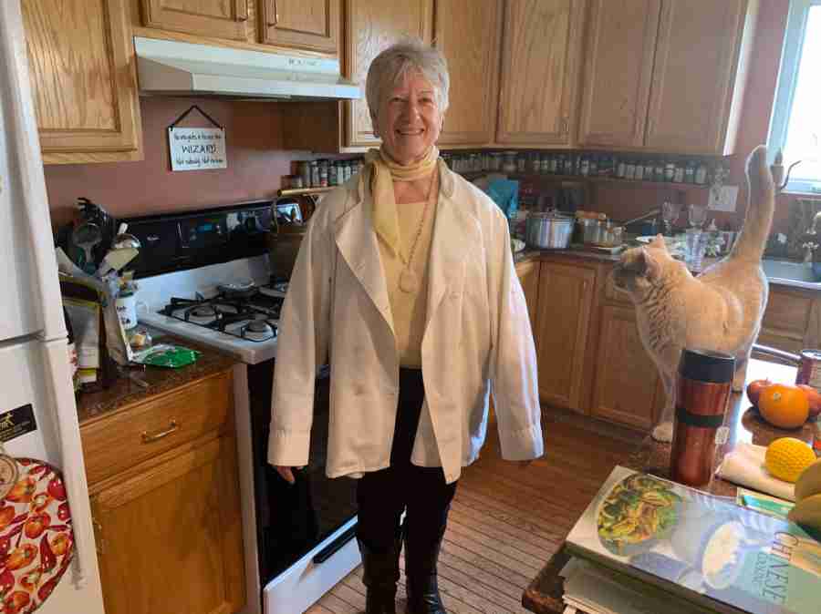 Chef Anne - Artist Anne - in old chef coat too big after going vegan