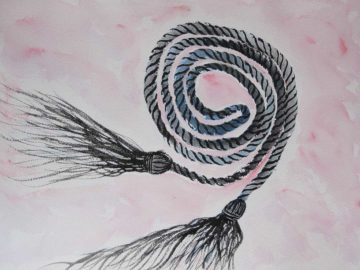 Watercolor painting of a black cord with pink background