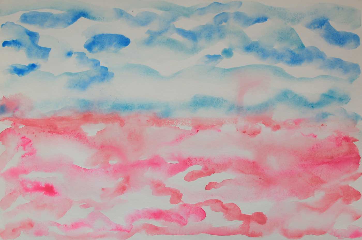 Blue and pink watercolor of a horizon