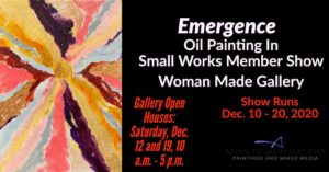 Emergence oil painting with details on gallery opening, open houses