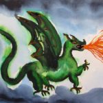 Watercolor painting of green dragon breathing red fire