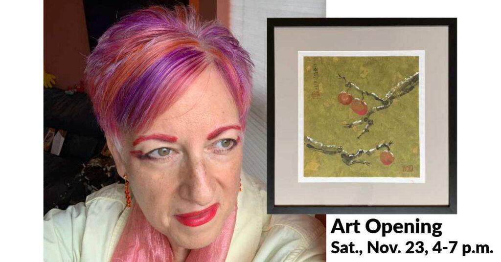 Artist Anne Nordhaus-Bike, red and purple hair, with her Red Berries winter watercolor for Woman Made Gallery holiday art show opening Nov 23, 2024