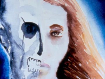 Portrait of woman, half live, half skeleton