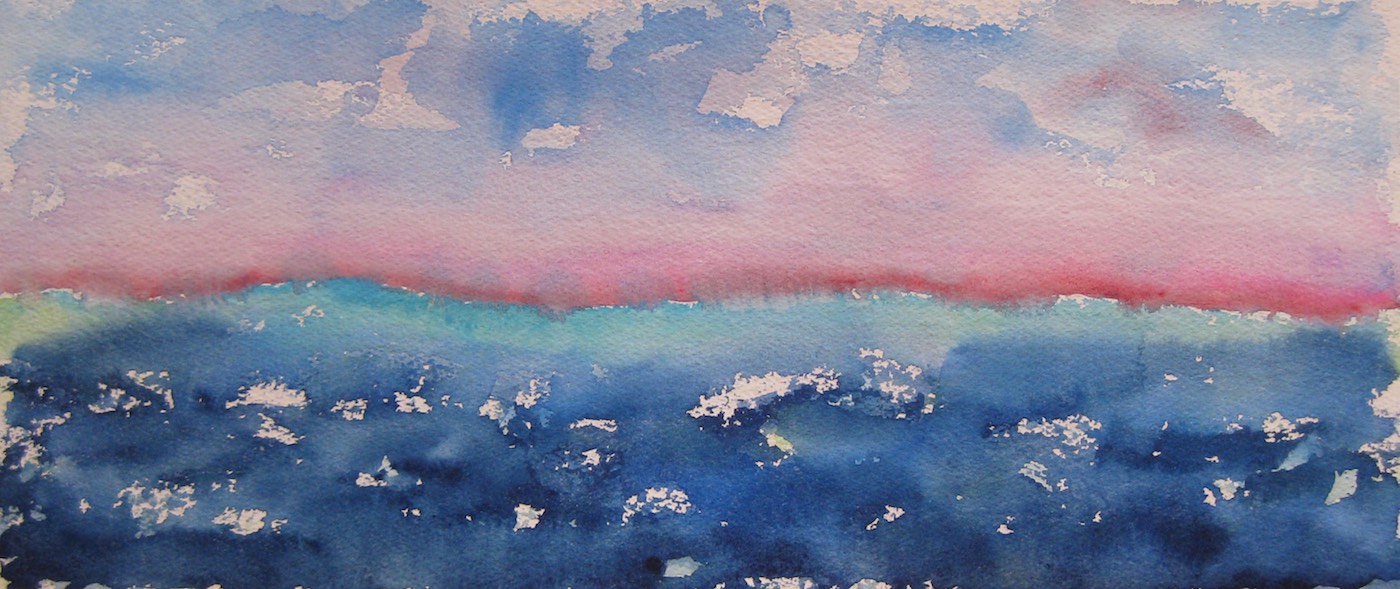 Blue, green, and pink watercolor of a horizon