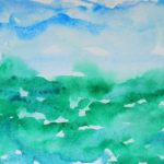 Blue and green watercolor painting of a horizon
