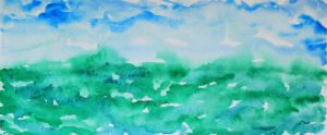 Blue and green watercolor painting of a horizon