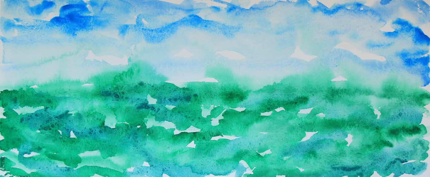 Blue and green watercolor of a horizon
