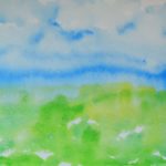 Blue and light green watercolor painting of a horizon