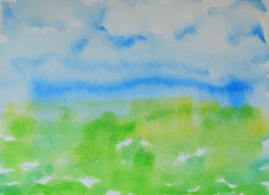 Blue and light green watercolor painting of a horizon