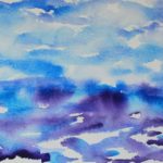 Blue and purple watercolor painting of a horizon
