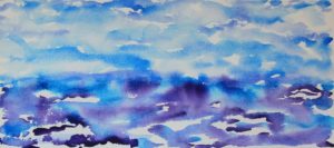 Blue and purple watercolor painting of a horizon