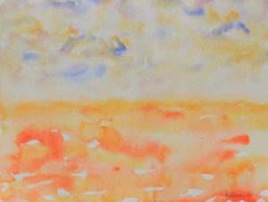 Orange, yellow, and blue watercolor painting of a misty horizon