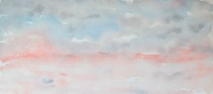 Blue, gray, and pink watercolor painting of a misty horizon