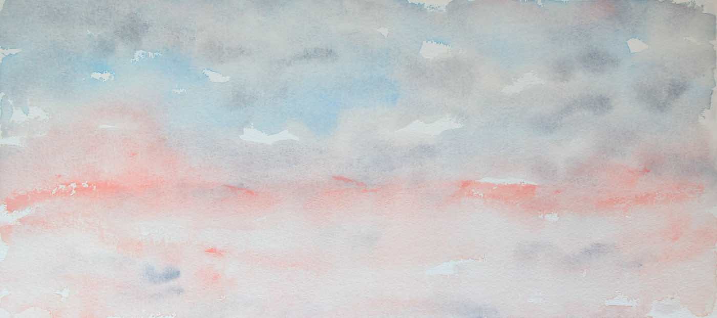 Blue, gray, and pink watercolor of a horizon