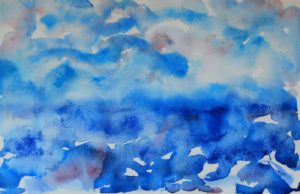 Blue with red watercolor painting of a horizon