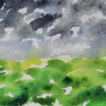 Watercolor painting of horizon with dark gray and green