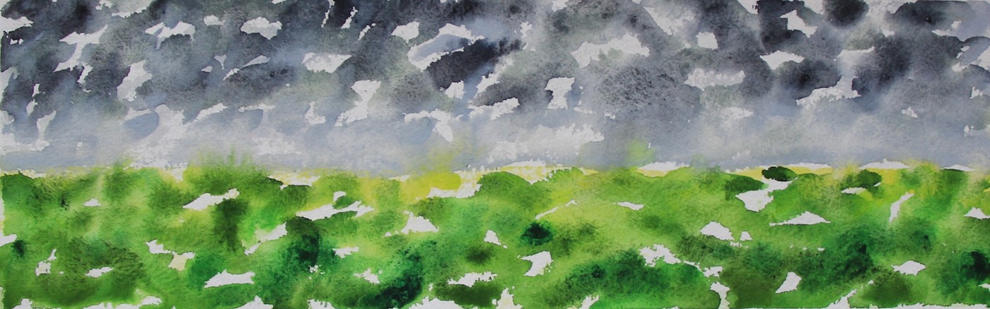 Gray and green watercolor of a horizon