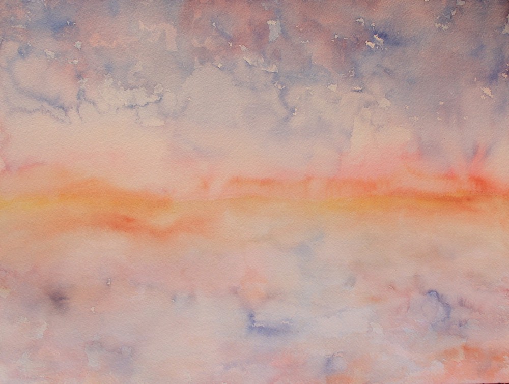 Orange, gray, and blue watercolor of a horizon