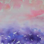 Pink and purple watercolor painting of a misty horizon