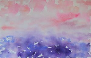 Pink and purple watercolor painting of a misty horizon