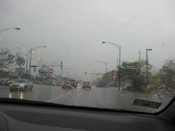 Heavy rain through car windshield
