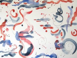 Red, white, and blue abstract watercolor and mixed media painting
