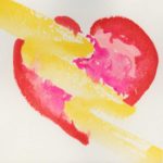 Watercolor painting of red heart with yellow lightning bolt