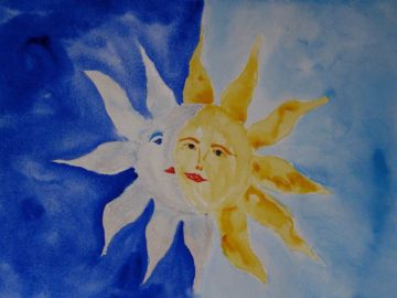 Watercolor painting of silver crescent Moon and yellow Sun
