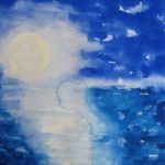 Watercolor painting of full Moon rising over Lake Michigan in Chicago