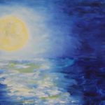 Oil painting of full Moon rising over Lake Michigan in Chicago