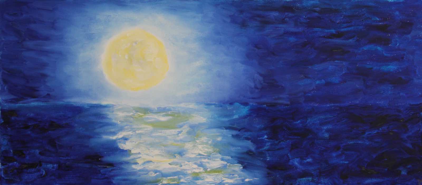 Oil painting of full Moon rising over dark blue Lake Michigan in Chicago