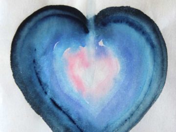 Watercolor painting of deep blue heart with pink and white center