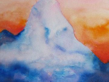 Watercolor painting of mysterious mountain in blues with orange background