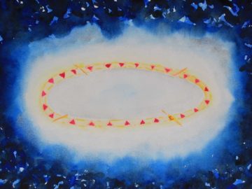 Painting of yellow circle in dark blue sky