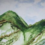 Oil painting of green mountains with blue cloudy sky