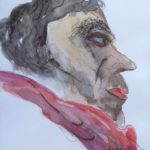 Watercolor portrait of a man in profile with red