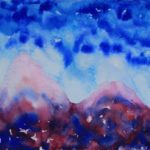 Watercolor painting of purple mountains with dark blue sky