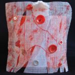 Mixed media red and white painting on needlepoint canvas and stretched canvas with red buttons and thread