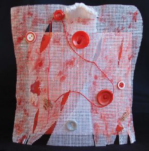Mixed media red and white painting on needlepoint canvas and stretched canvas with red buttons and thread
